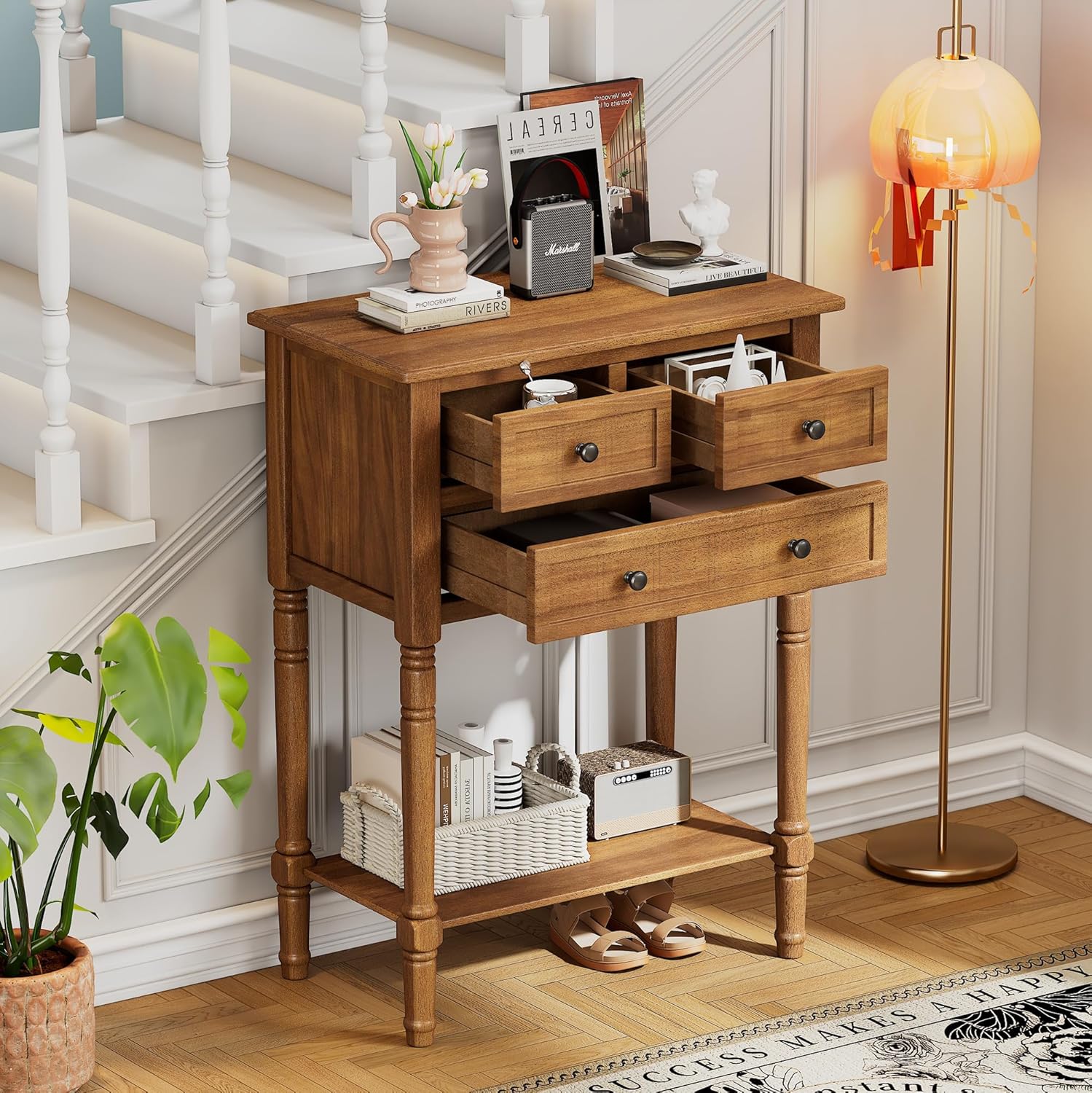 Merax Narrow Console Table, Elegant Slim Entryway Table Sofa Table with Three Storage Drawers and Bottom Shelf for Entryway for Hallway, and Living Room (Natural)
