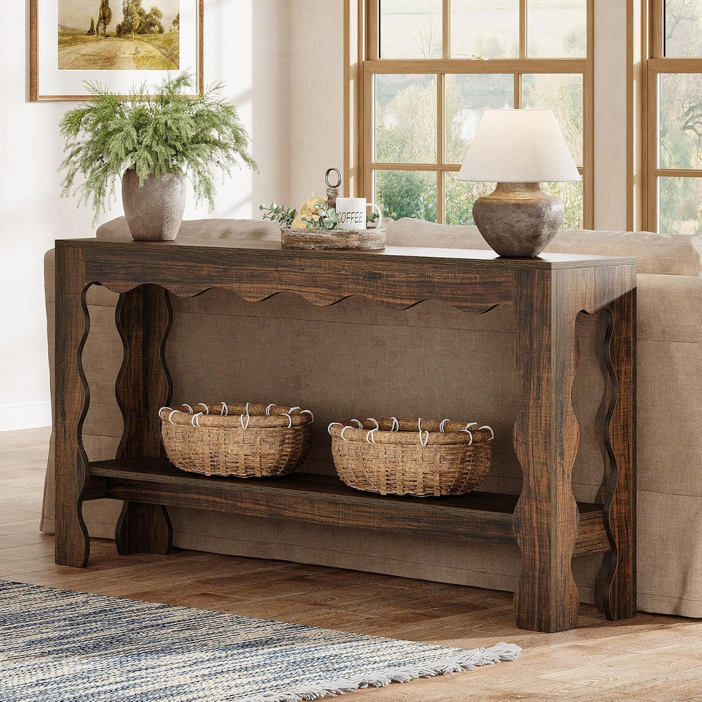 Tribesigns 63 Inch Entryway Table, Modern Rustic Entry Table with Scalloped Edge & Storage Shelf, Accent Narrow Long Sofa Table Behind Couch Console Tables for Entryway, Living Room, Dark Brown