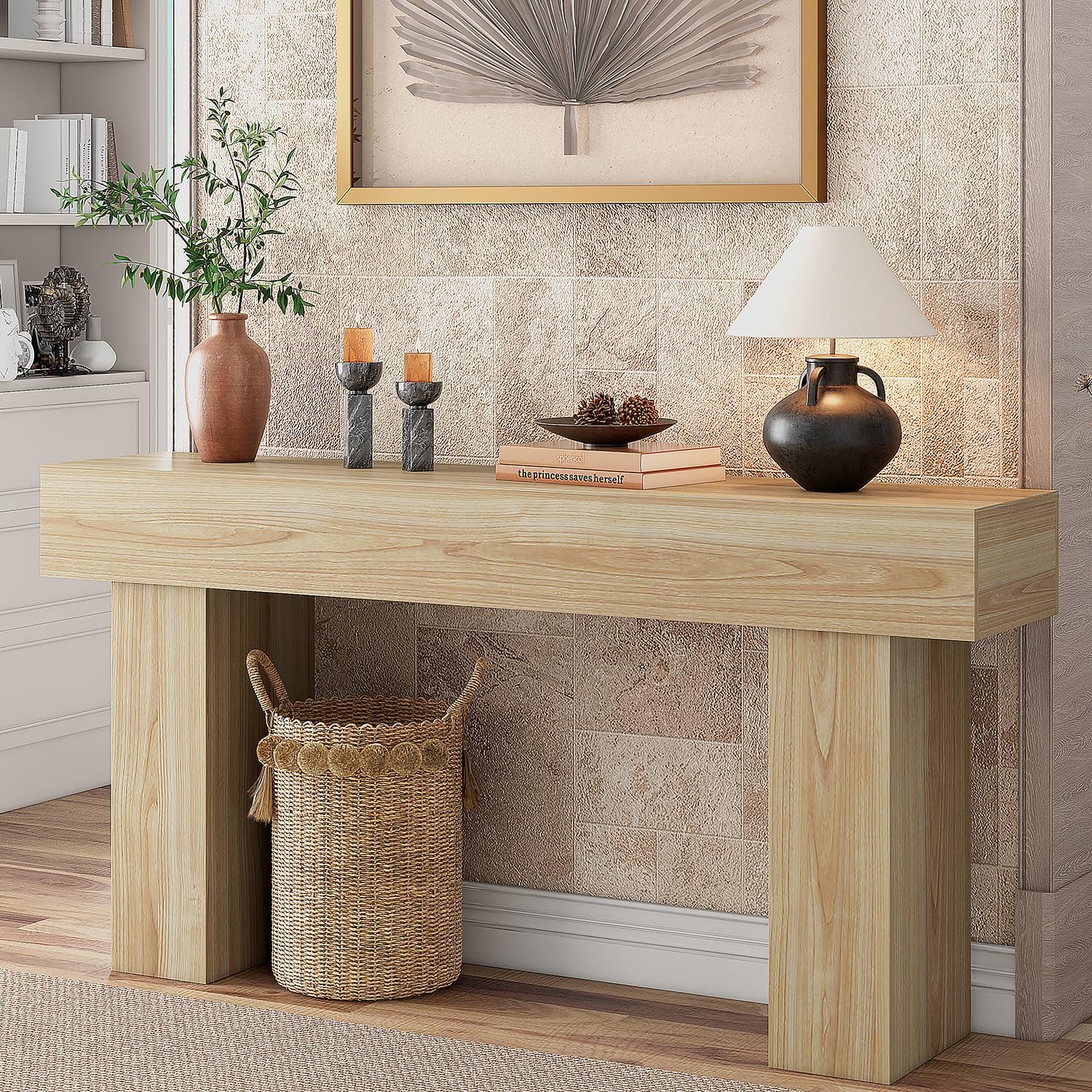 knoworld 63 Inch Long Console Table for Entryway, Farmhouse Wood Rectangular Sofa Table Behind Couch Table, Narrow Entryway Table for Living Room, Entrance, Hallway, Foyer, Easy Assembly (Natural)