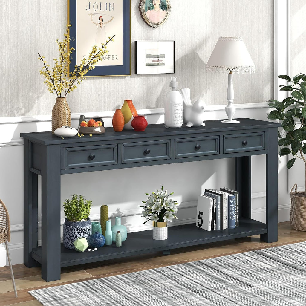 GDFStudio Farmhouse Console Table with 4 Drawer 63' Long Rustic Entryway Table with Open Storage Shelves Vintage Metal Handle Narrow Foyer Sofa Tables for Living Room Entryway Hallway, Navy Blue