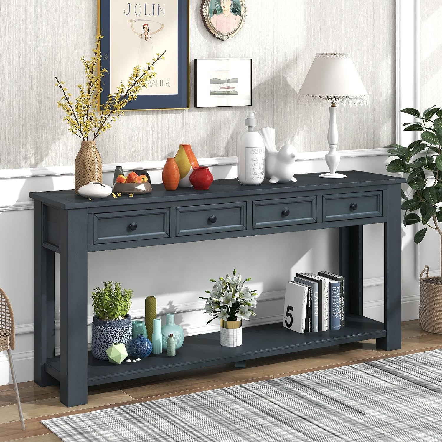 GDFStudio Farmhouse Console Table with 4 Drawer 63' Long Rustic Entryway Table with Open Storage Shelves Vintage Metal Handle Narrow Foyer Sofa Tables for Living Room Entryway Hallway, Navy Blue