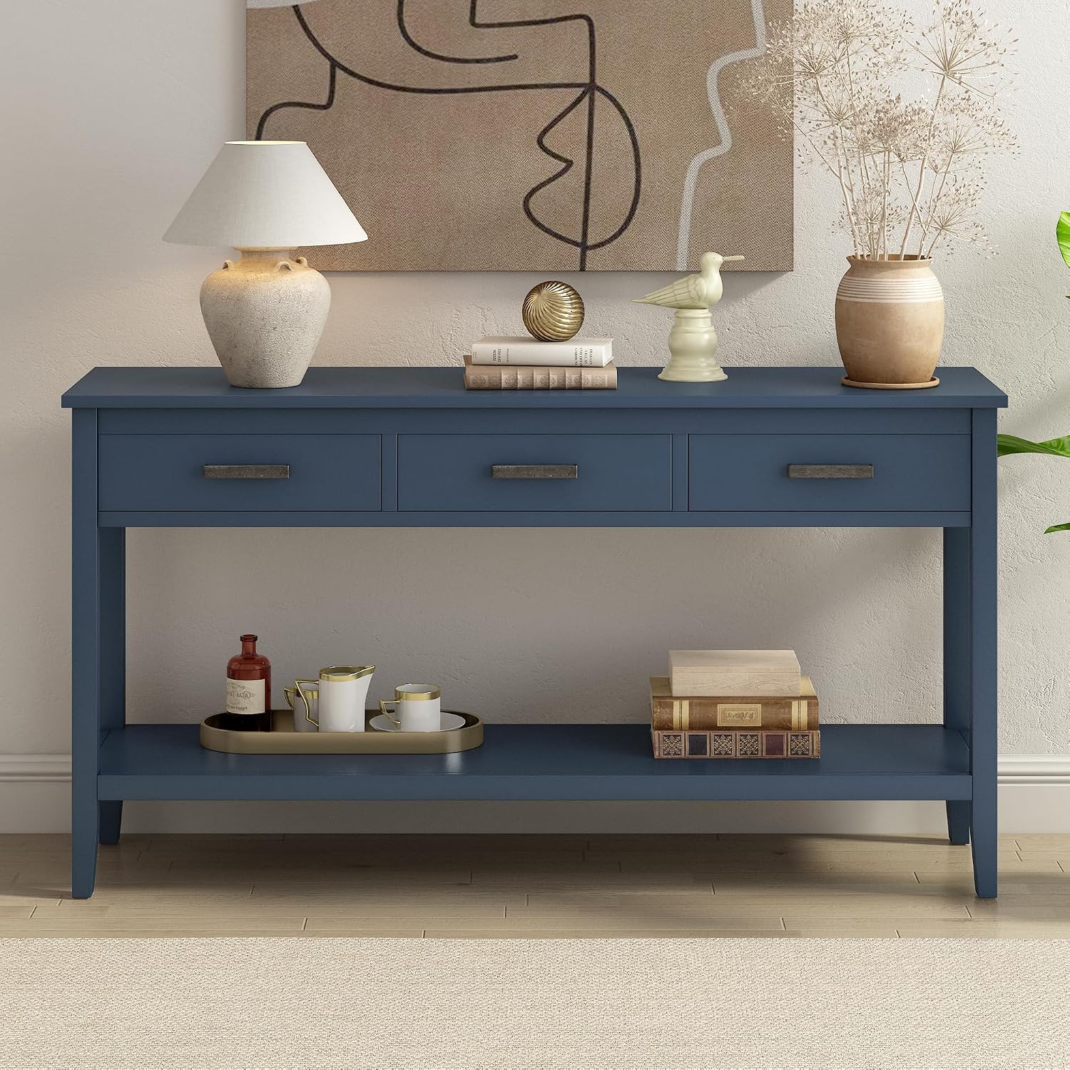 Merax Entryway Console Table with Storage, 3 Drawers Design/Wood Frame/Behind Couch & Sofa, Blue