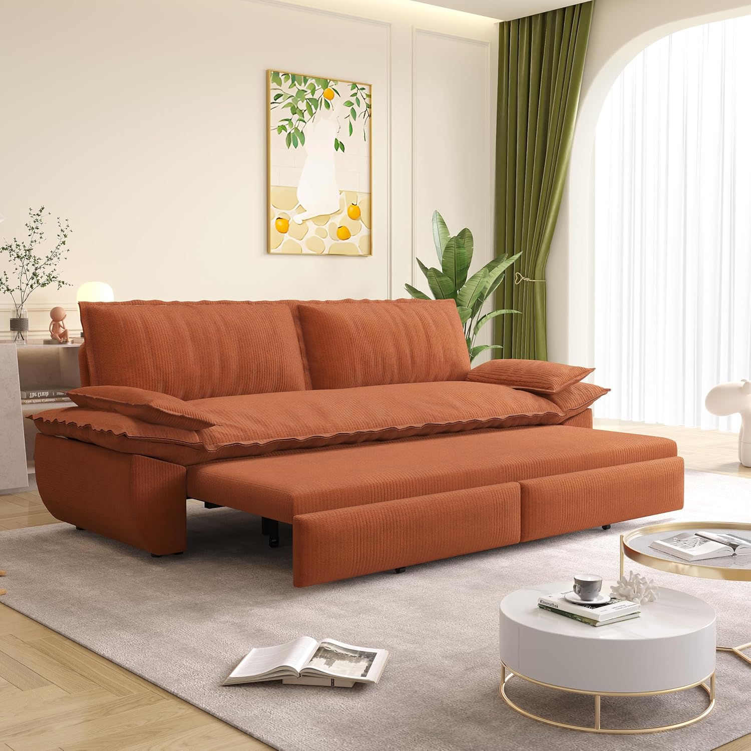 73.2'' Queen Size Sofa Bed, Corduroy Loveseat 3-in-1 Convertible Sleeper Sofa Couch, Pull Out Sofabed, Space Saving, Orange
