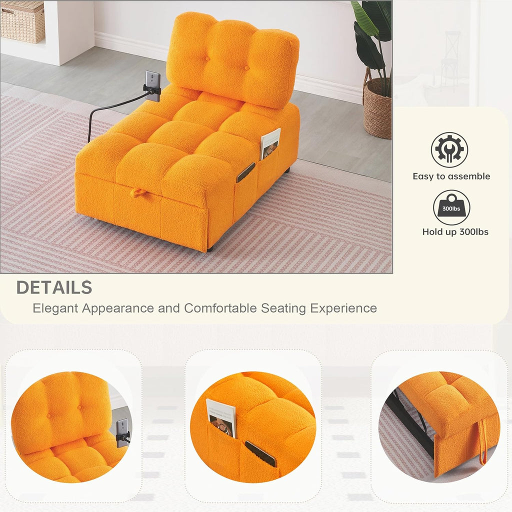 Majnesvon Modern Teddy Fabric Sofa Bed Futon,3 in 1 Convertible Pullout Bed Couches with 3 Reclining Backrests,Phone Stand,Small Sofa Single Sleeper Chair Bed for Living Room Bedroom (Orange)