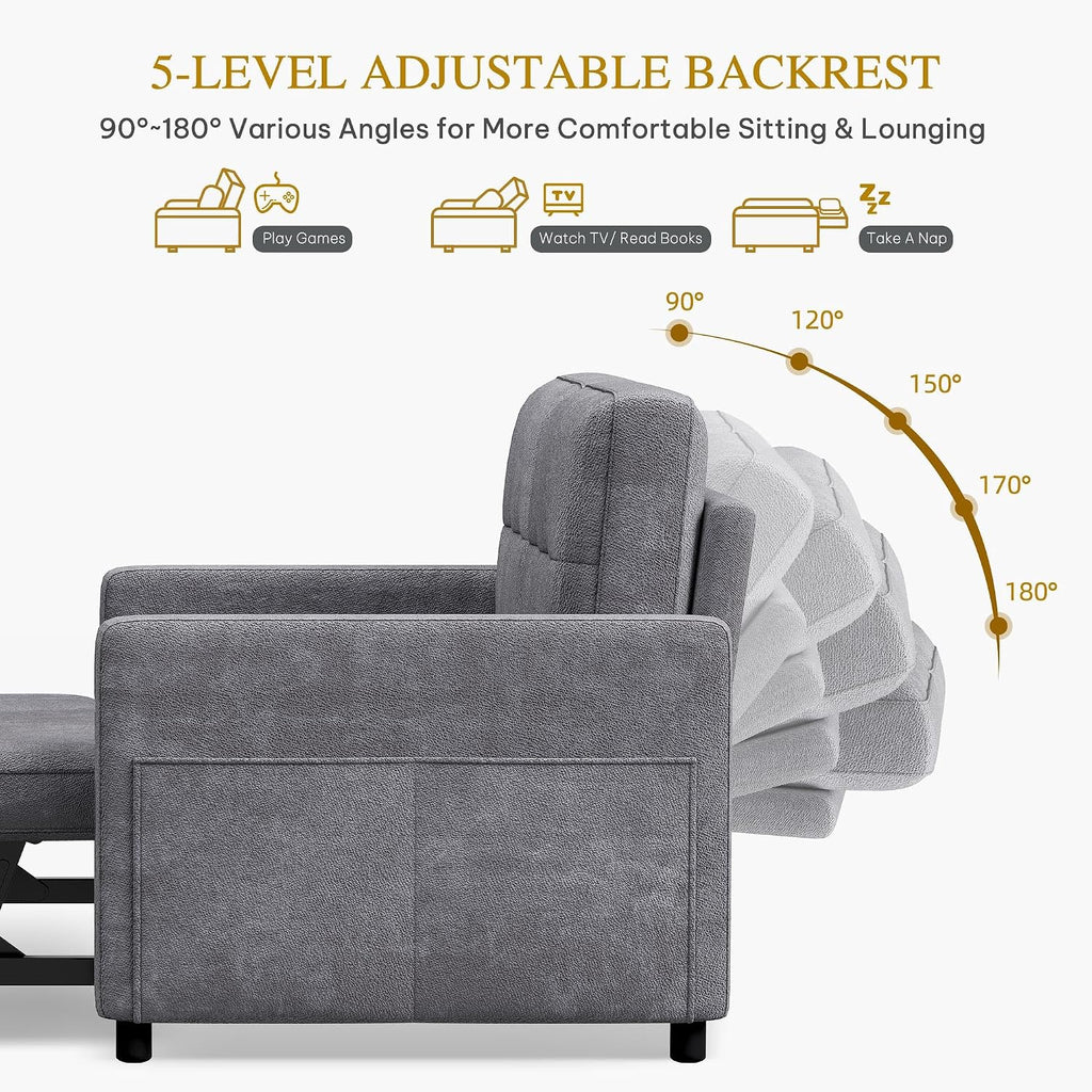 DWVO 55' Convertible Sofa Bed, 3-in-1 Sleeper Sofa with Pull-Out Bed, Velvet Futon Couch with Adjustable Backrest and USB, Modern Loveseat for Living Room Apartment, Light Grey