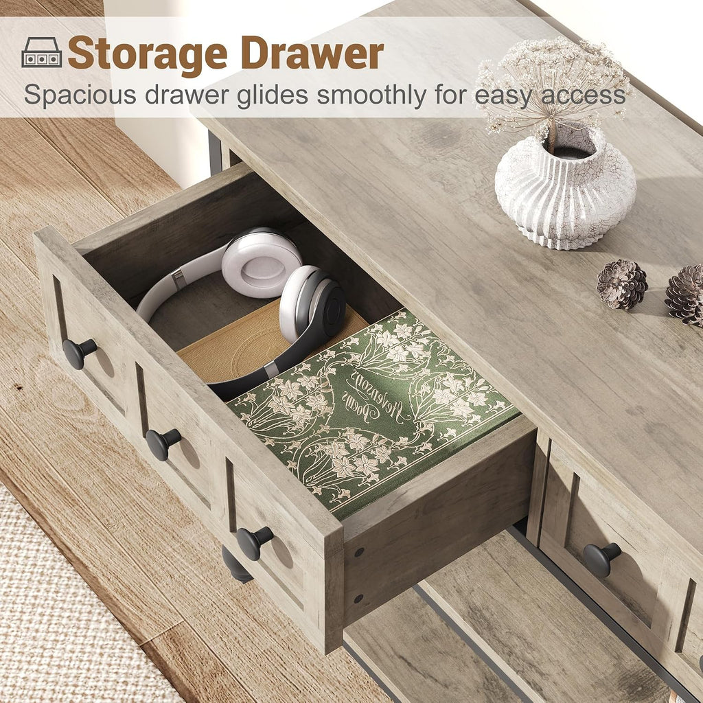 GarveeHome 52' Console Table, Entryway Table with 3 Storage Drawers, 3 Tier Industrial Metal Sofa Table, Behind Couch Table, Hallway Table for Entry, Living Room (Grey)