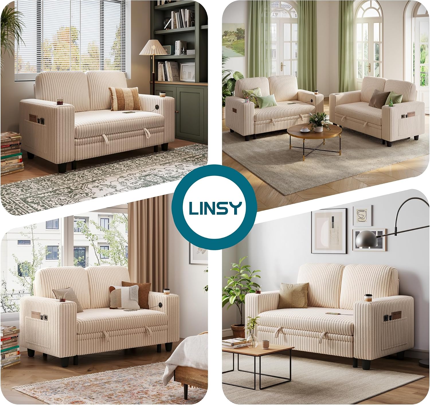 LINSY HOME Loveseat Sofa Couch with USB Charging & Cup Holders, Convertible Pull Out Couch Chaise 2 Seater Sofa, Comfy Plush Corduroy Love Seat for Small Spaces Living Room Apartment (Beige)