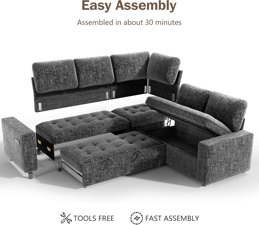 Sunny Heart Modular Sectional Sleeper Sofa with Pull Out Bed, Chenille L Shaped Sectional Sofa with USB Ports/Adjustable Backrest/Storage Seats, Tool-Free Assembly, Couches for Living Room Dark Grey