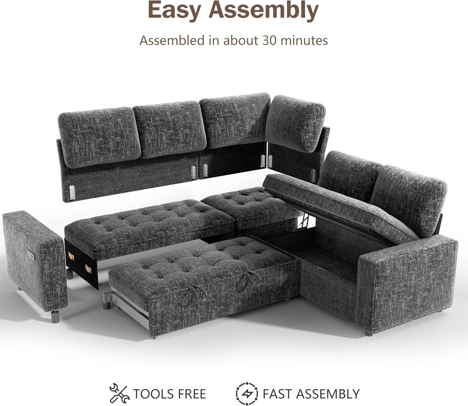 Sunny Heart Modular Sectional Sleeper Sofa with Pull Out Bed, Chenille L Shaped Sectional Sofa with USB Ports/Adjustable Backrest/Storage Seats, Tool-Free Assembly, Couches for Living Room Dark Grey