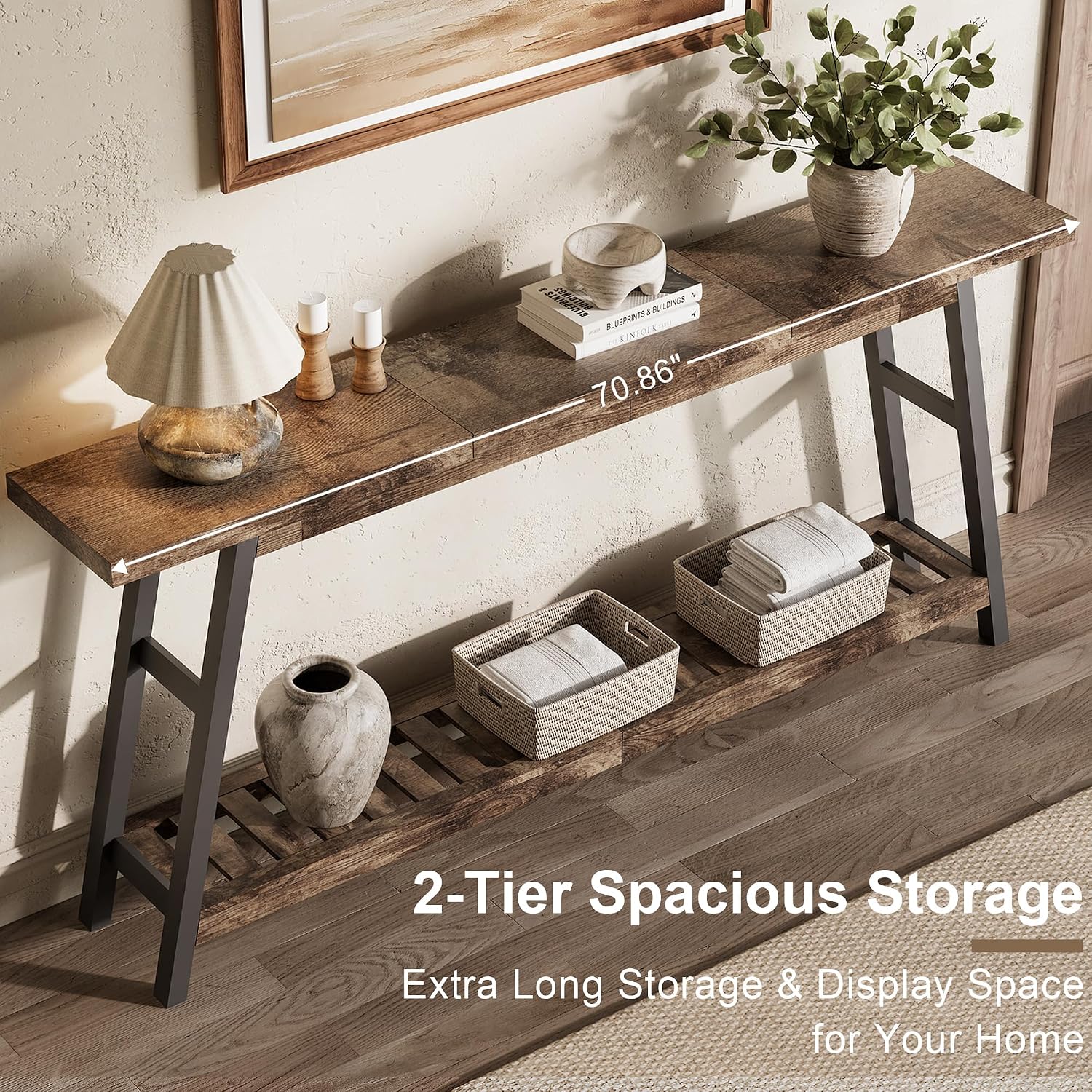 ChooChoo 70.9 Inch Long Console Tables for Entryway, Wood 2-Tier Entry Hallway Table, Narrow Sofa Table Behind Couch Table for Living Room, Entrance, Grey
