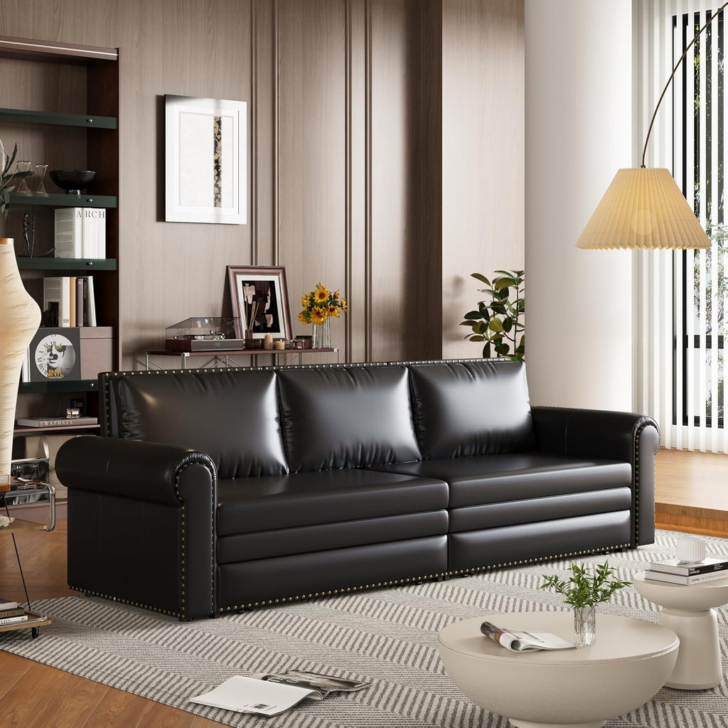 93.7' King Size Sofa Bed Couch,PU Leather 3-in-1 Convertible Pull Out Sleeper Sofa Bed,Chesterfield Sofa with Nailhead Trim and Rolled Arm,Black