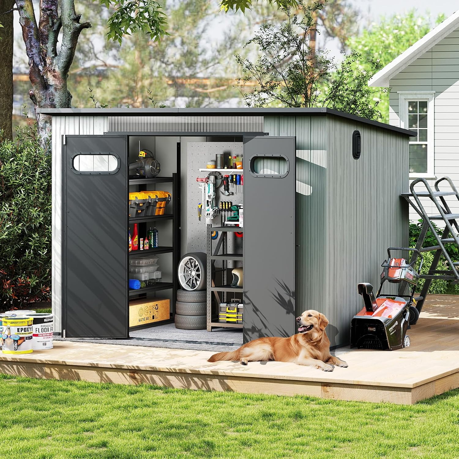 6x9 FT Outdoor Resin Storage Shed with Mats, All-Weather Sloping Plastic Storage Sheds with Lockable Doors & Vents, Outside Tool Storage Shed for Backyard, Garden, Mower, Bike & Pool Equipment