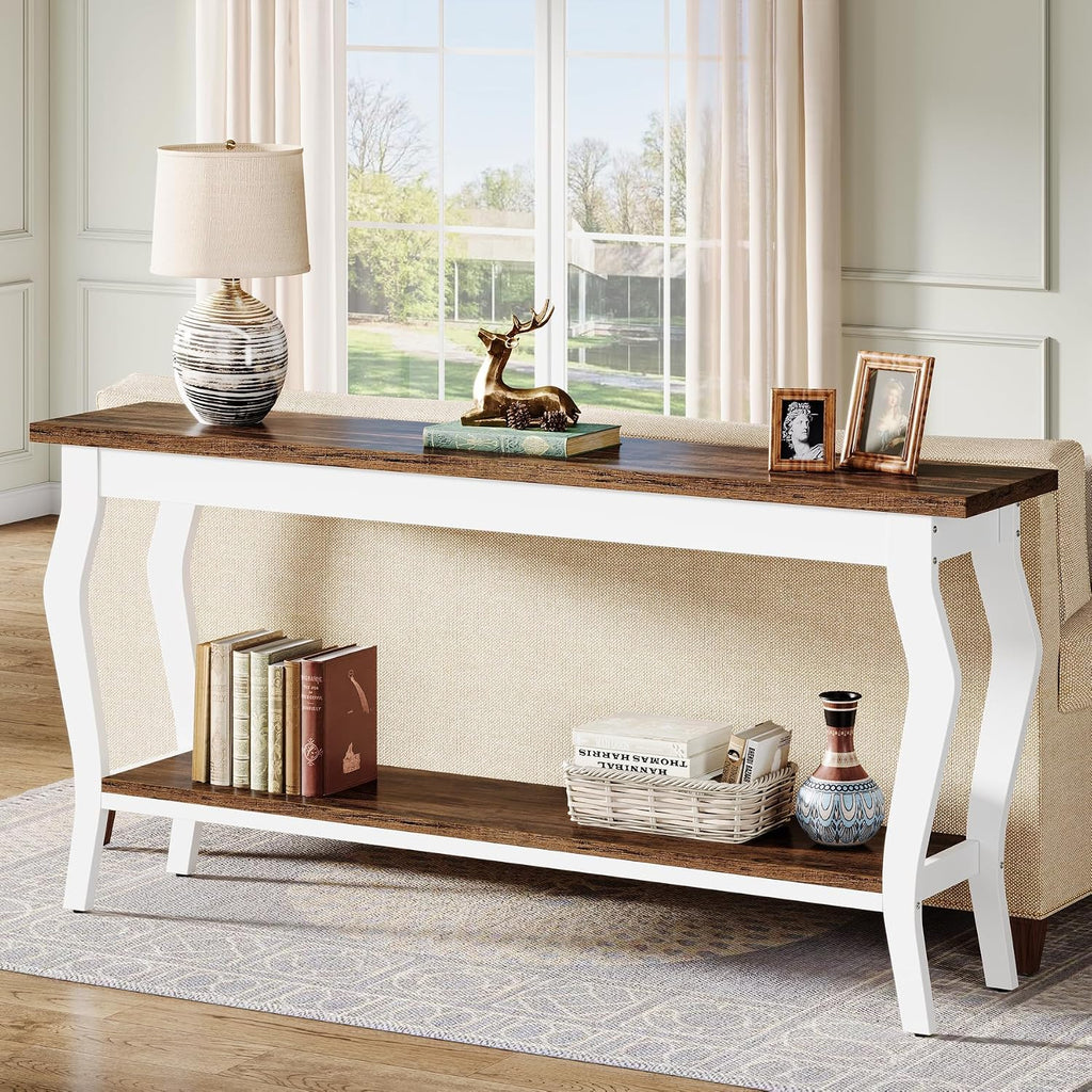 Tribesigns 70.9 Inches Extra Long Sofa Table Behind Couch, Vintage Console Entry Table with 2-Tier Storage for Hallway, Entryway, Living Room, White & Brown