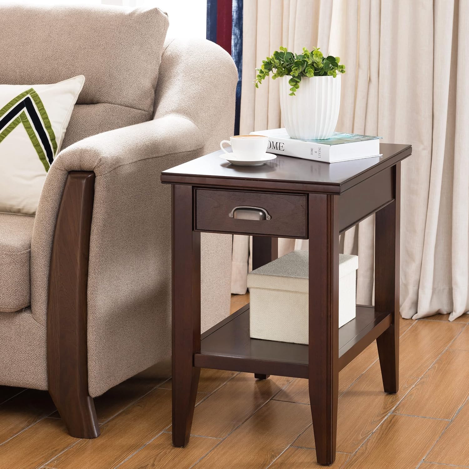 Leick Home Laurent Narrow End Table, with Drawer and Shelf, for Living Rooms and Small Spaces, Chocolate Cherry, 10506