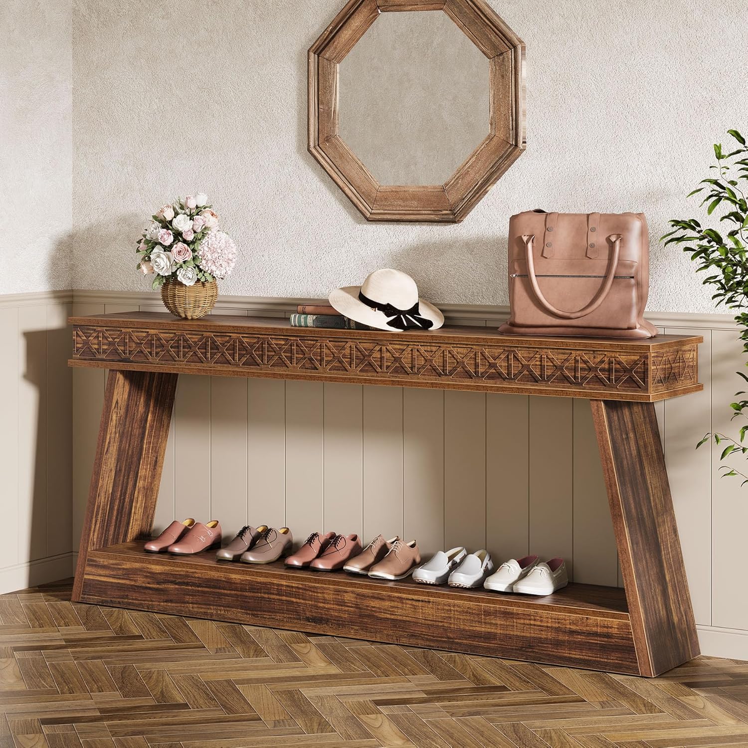 Tribesigns 70.9 Inch Long Console Table for Entryway, 2-Tier Farmhouse Entryway Table with Storage, Narrow Sofa Table Behind the Couch, Wood Accent Table for Hallway, Living Room, Foyer, Dark Brown