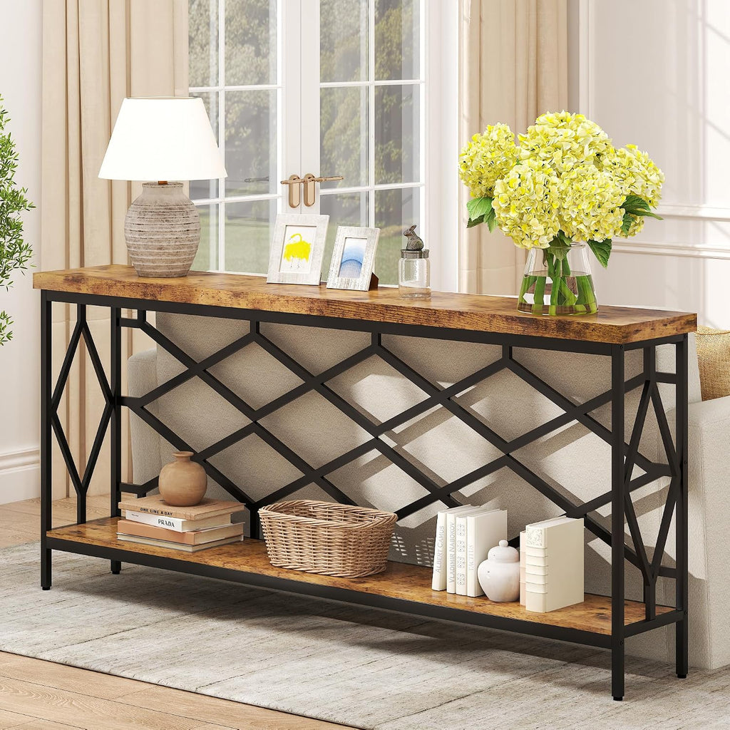 karlott 71' Extra Long Entryway Table, Narrow Console Table, Industrial Sofa Behind Couch Table with Open Storage Shelf, Hallway Table for Entryway, Living Room, Foyer, Entrance, Unique Design, Brown