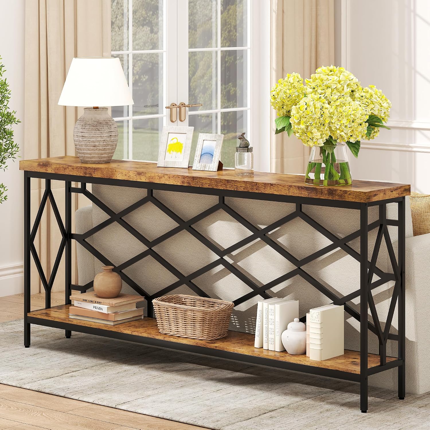 karlott 71' Extra Long Entryway Table, Narrow Console Table, Industrial Sofa Behind Couch Table with Open Storage Shelf, Hallway Table for Entryway, Living Room, Foyer, Entrance, Unique Design, Brown