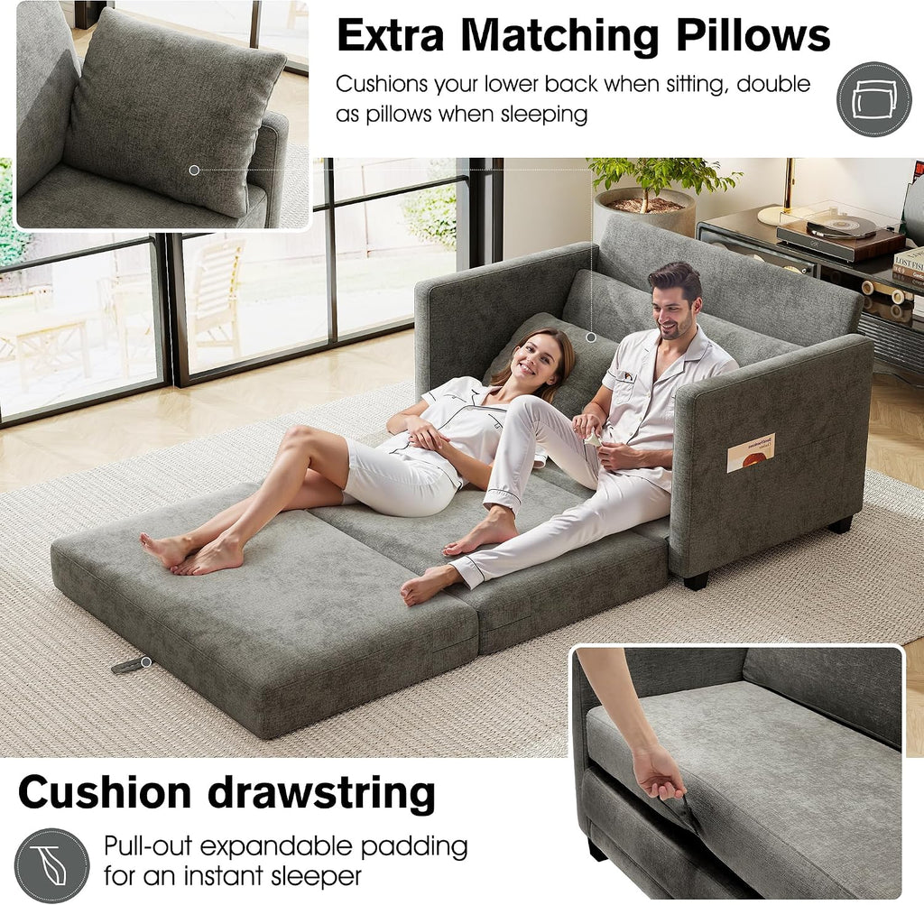 51' Loveseat Sleeper Sofa Bed, Chenille Convertible Floor Sofa Bed for Small Spaces, Folding Couch Bed with Deep Seat, 2 Pillows & Solid Frame, Pull Out Floor Couch for Living Room, Grey