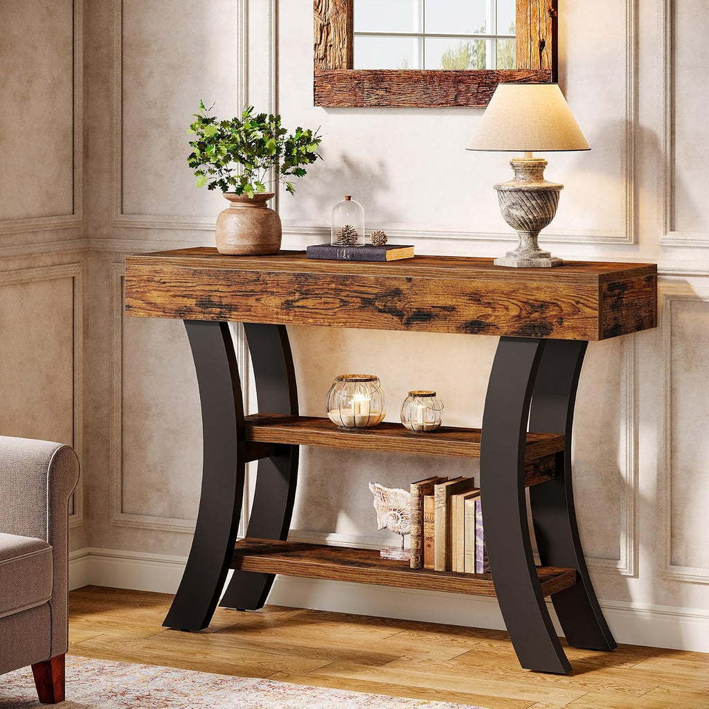 Tribesigns 41' Small Console Table for Entryway, 3-Tier Narrow Rustic Sofa Table with Storage Shelves and Curved Frame for Living Room, Entry, Hallway, Foyer, Rustic Brown