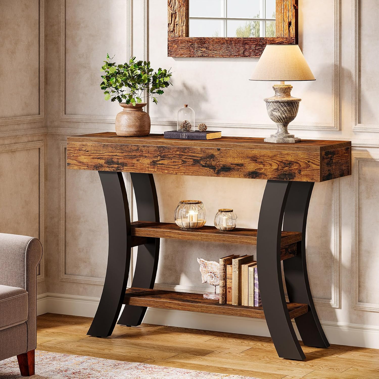 Tribesigns 41' Small Console Table for Entryway, 3-Tier Narrow Rustic Sofa Table with Storage Shelves and Curved Frame for Living Room, Entry, Hallway, Foyer, Rustic Brown