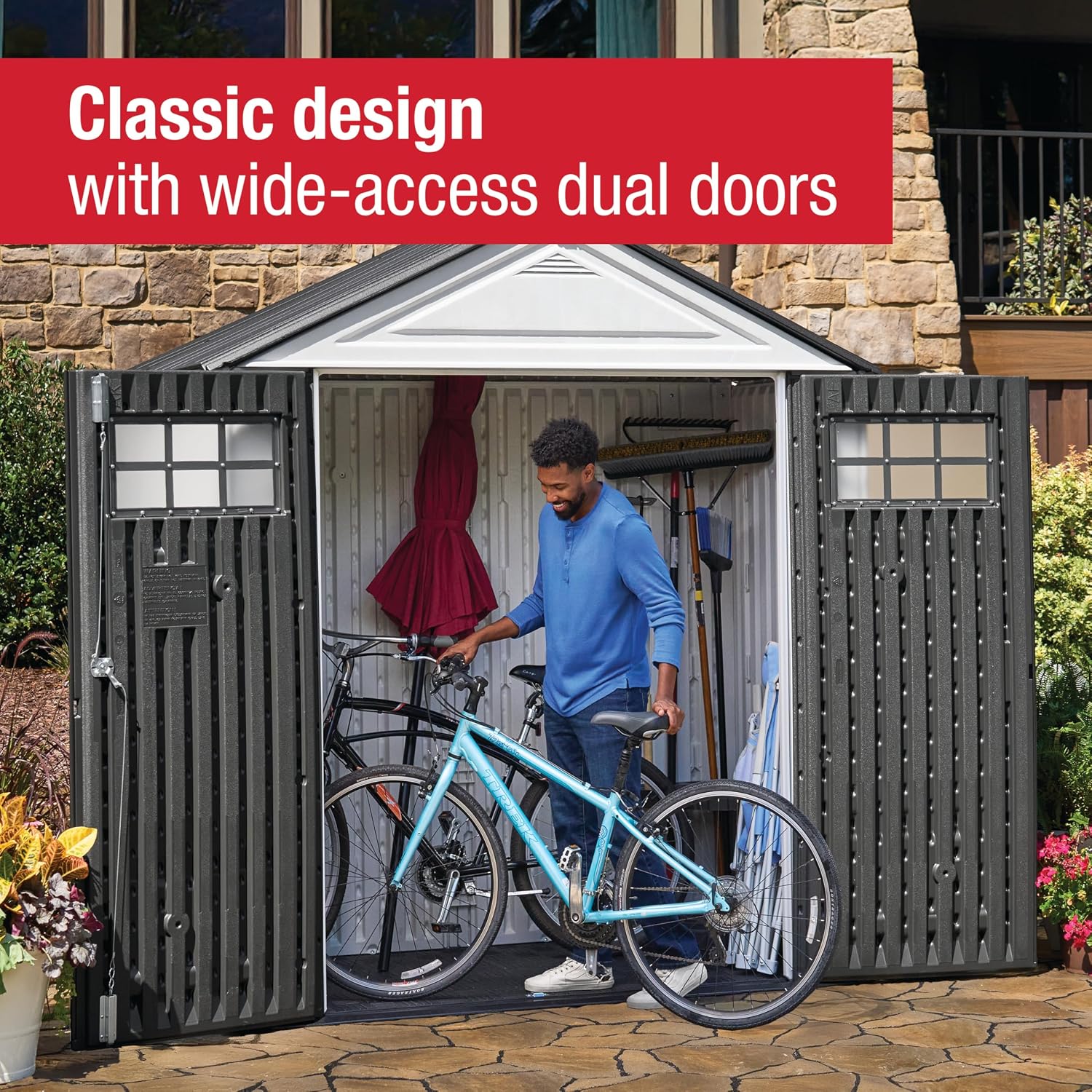 Rubbermaid Resin Outdoor Storage Shed With Floor (7 x 3.5 Ft) Weather Resistant, White, Organization for Home/Backyard/Garden Tools/Lawn Mower/Bike Storage/Pool Supplies