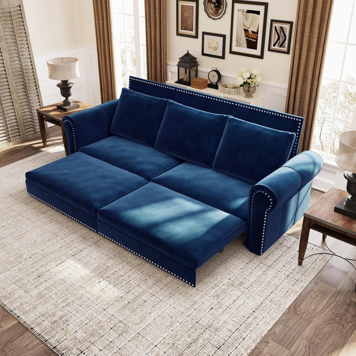 93.7' King Size Sofa Sleeper with Pull Out Bed, 3 in 1 Convertible Sleeper Sofa Bed, Velvet Folding Loveseat 3-Seater Couch with Deep Seat, Nailhead Trim & Rolled Arm for Living Room (Blue)