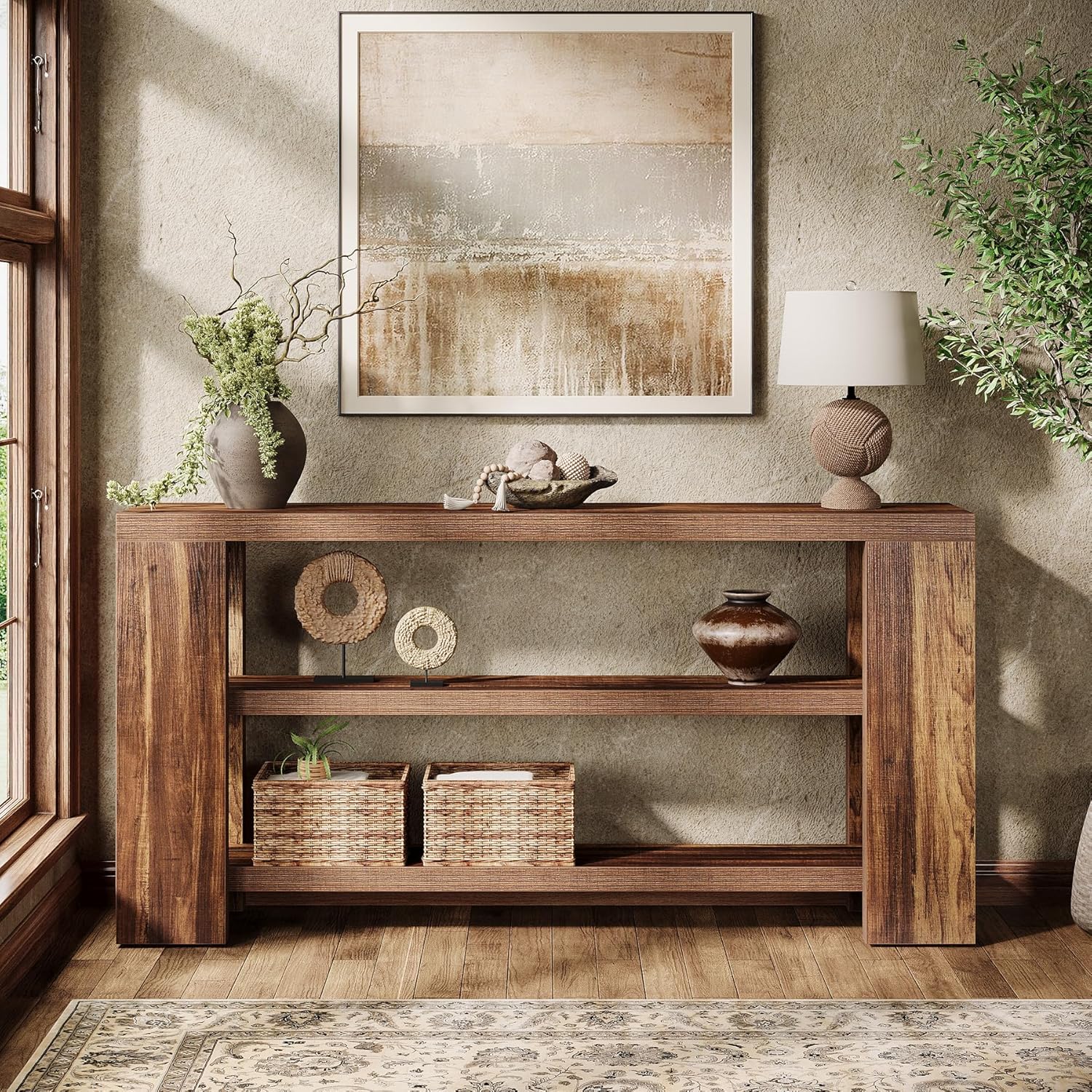 Tribesigns 70.9-Inch Extra Long Console Table with Storage, Narrow Wooden Sofa Table Behind The Couch, Farmhouse 3-Tier Entry Foyer Table for Entryway, Living Room, Hallway, Brown