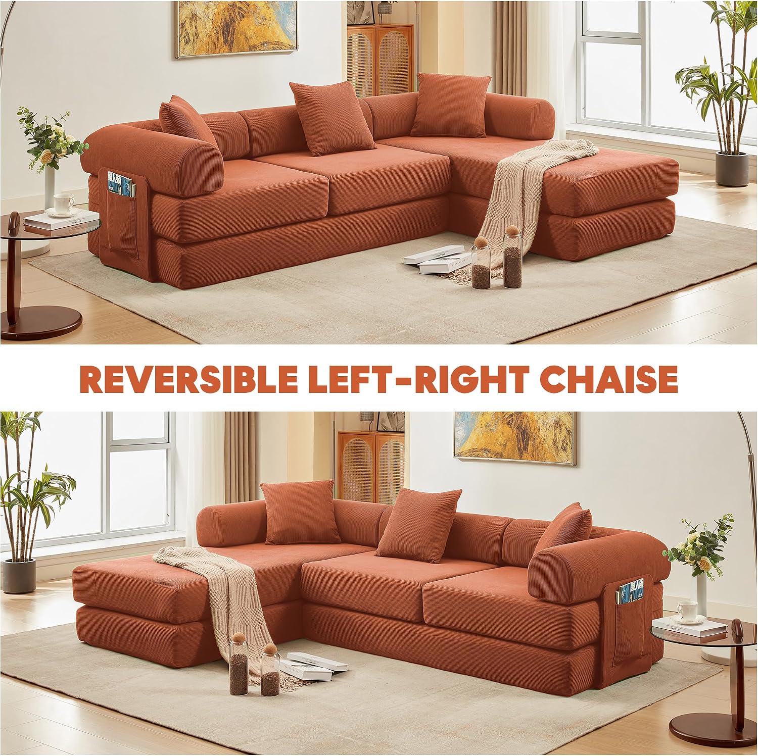 L Shaped Modular Sofa Bed with Cylindrical Pillow & Reversible Chaise, Corduroy Folding Floor Convertible Sofa Couch Bed with Fixed-Shape Frame & Storage Pocket for Living Room, Orange