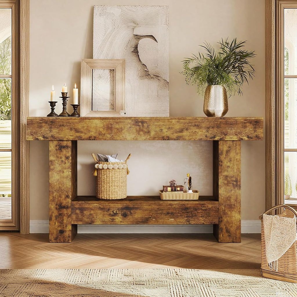HUAHUU 63 Inches Long Console Table, Sofa Table with Storage Behind Couch, Entryway Table with Open Storage, Farmhouse Console Tables for Entryway, Living Room, Hallway, Oak Color