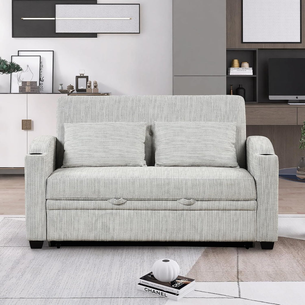 Merax 61.6' Pull Out Sleeper Sofa Bed, Modern Chenille Convertible Loveseat Sofa with Adjsutable Backrest, 2 Pillows, Cup Holders, USB Ports for Living Room, Apartment, White+Gray
