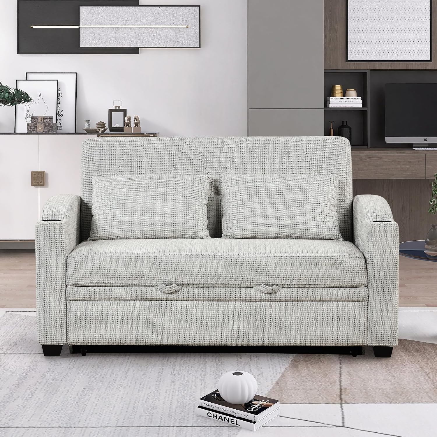 Merax 61.6' Pull Out Sleeper Sofa Bed, Modern Chenille Convertible Loveseat Sofa with Adjsutable Backrest, 2 Pillows, Cup Holders, USB Ports for Living Room, Apartment, White+Gray