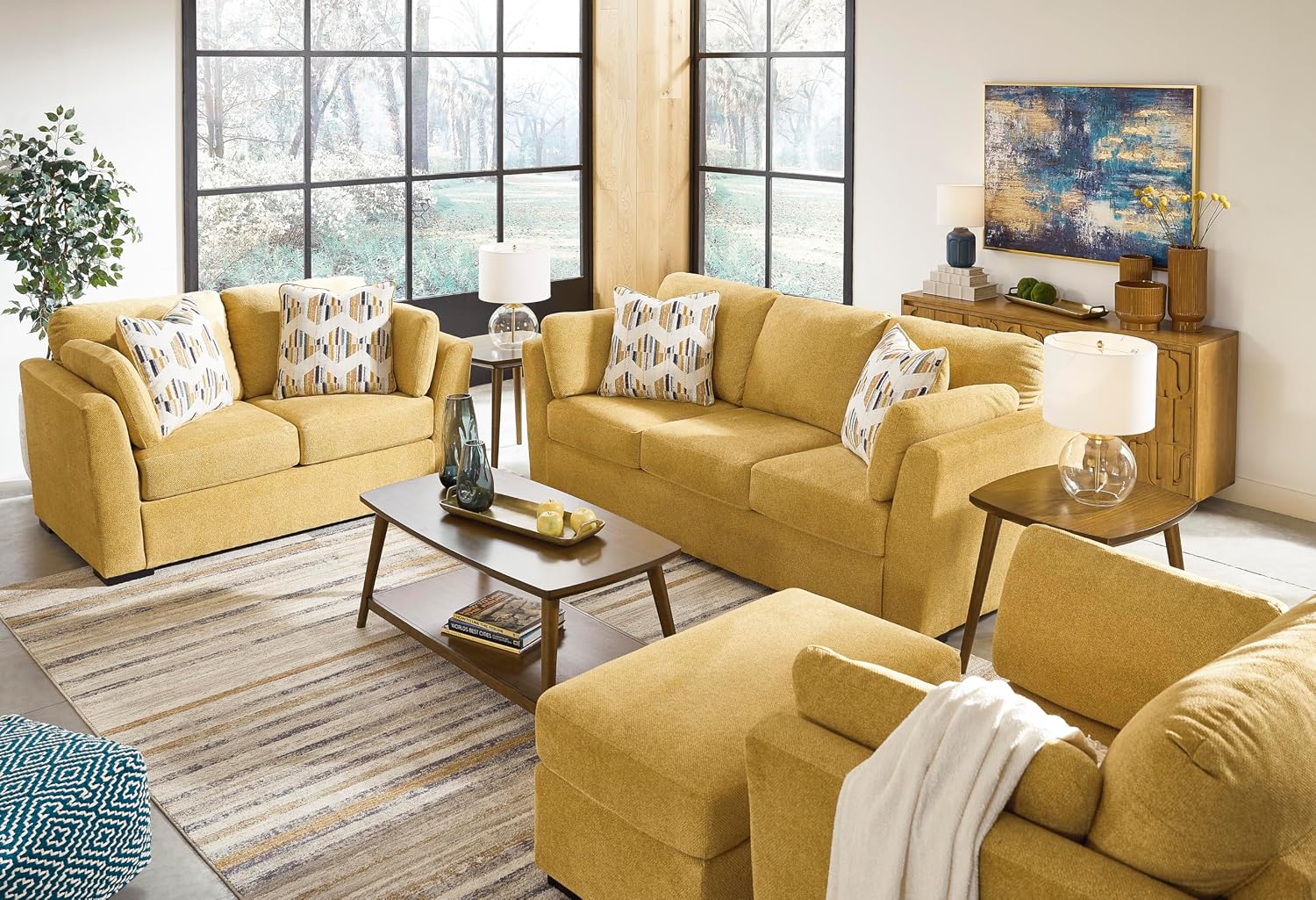 Signature Design by Ashley Keerwick Scandinavian 2-in-1 Sofa Sleeper with Folding Gel Memory Foam Mattress and 4 Pillows, Queen, Yellow