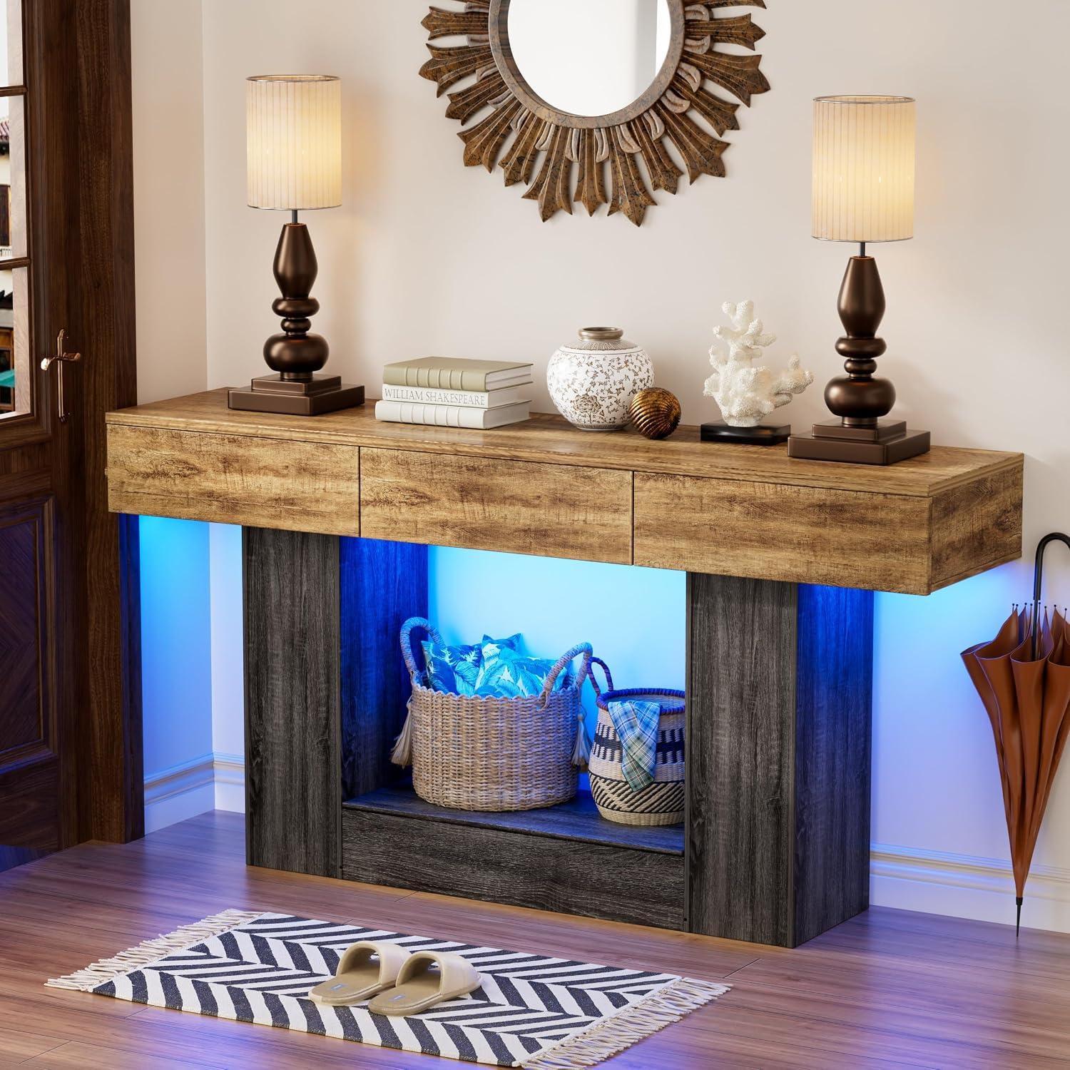 PAKASEPT 63 Inches Long Console Table with Hidden Safe, Colorful LED Lights and 3 Drawers, Farmhouse 2-Tier Entryway Table with Hidden Compartment for Gun Storage for Hallway, Living Room