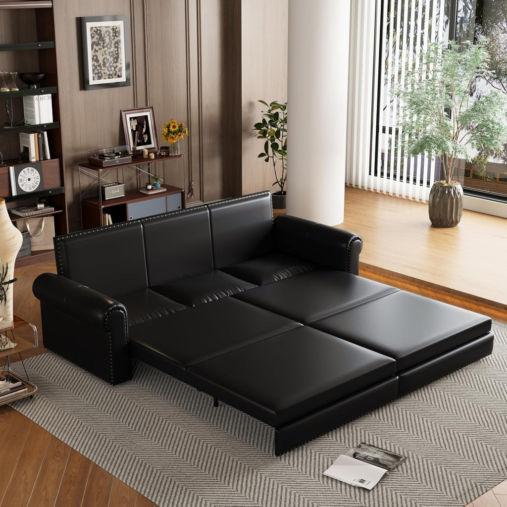 93.7' King Size Sofa Bed Couch,PU Leather 3-in-1 Convertible Pull Out Sleeper Sofa Bed,Chesterfield Sofa with Nailhead Trim and Rolled Arm,Black