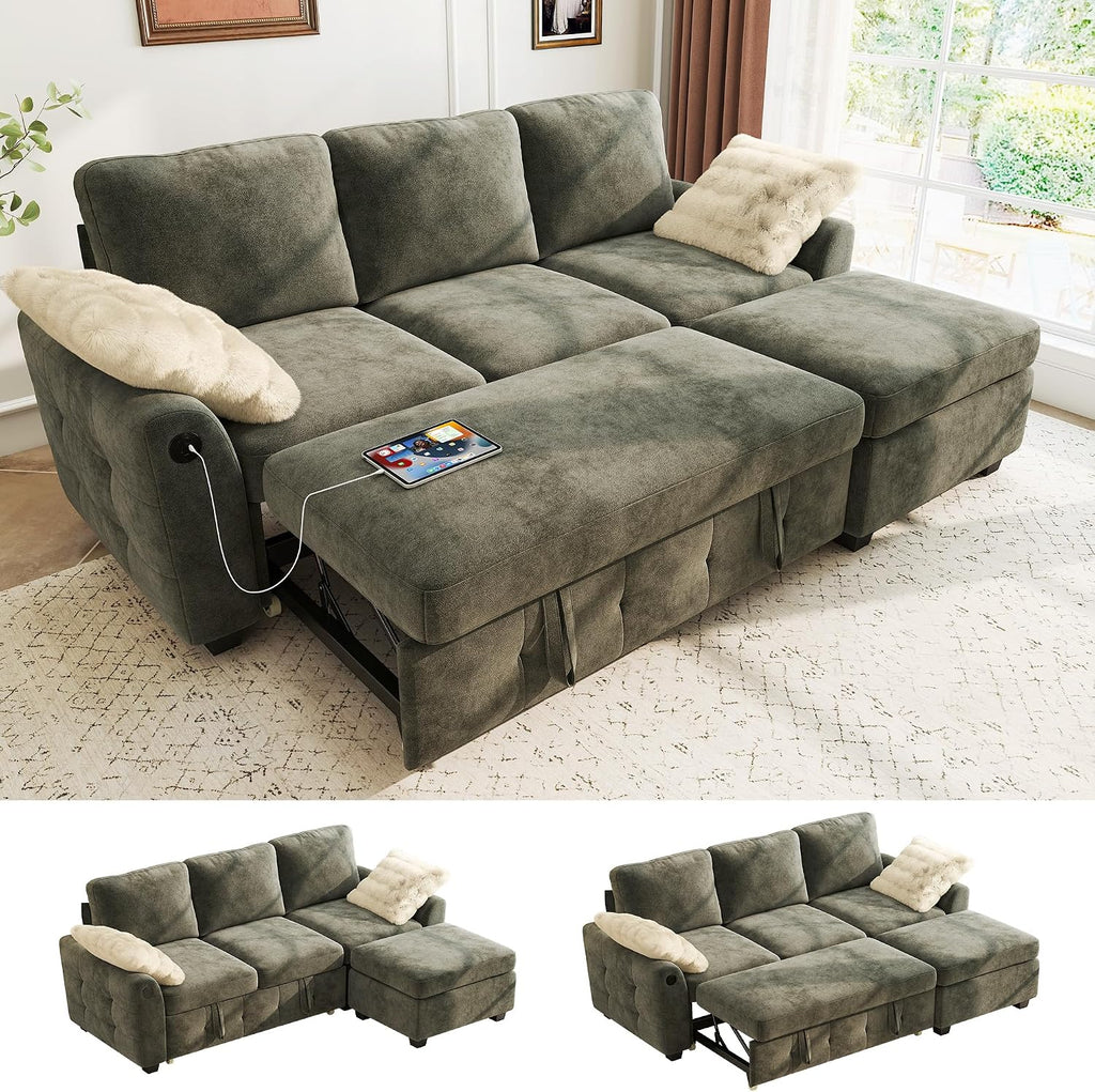 Ihanherry Modular Convertible Sectional Sofa Bed, Reversible Chaise & Storage Ottoman, 3-Seater Pull Out Sleeper with USB Ports & Chenille Fabric, for Small Space, Living Room, Apartment（Gray）