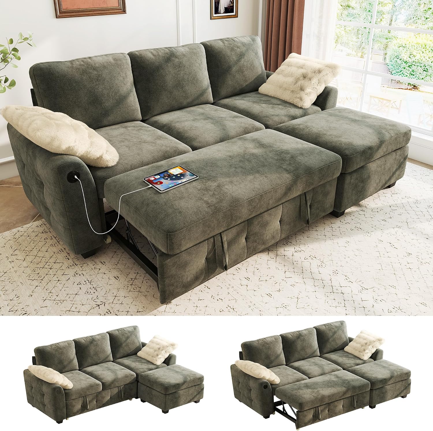 Ihanherry Modular Convertible Sectional Sofa Bed, Reversible Chaise & Storage Ottoman, 3-Seater Pull Out Sleeper with USB Ports & Chenille Fabric, for Small Space, Living Room, Apartment（Gray）