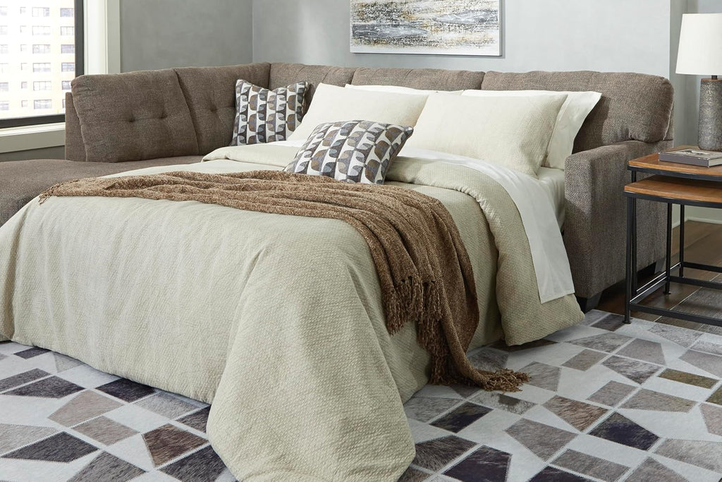 Signature Design by Ashley Mahoney Casual L-Shaped Tufted 2-Piece Sleeper Sectional with Chaise, Bi-Fold Memory Foam Mattress, Loose Seat Cushions and 2 Accent Pillows, Full, Dark Brown