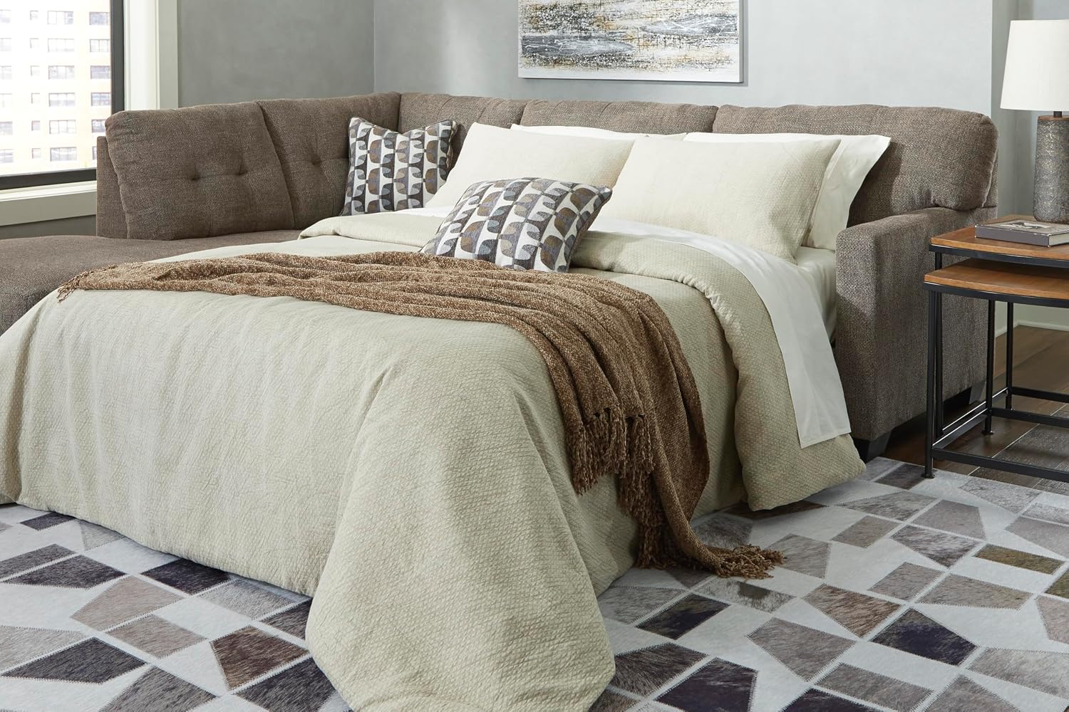 Signature Design by Ashley Mahoney Casual L-Shaped Tufted 2-Piece Sleeper Sectional with Chaise, Bi-Fold Memory Foam Mattress, Loose Seat Cushions and 2 Accent Pillows, Full, Dark Brown