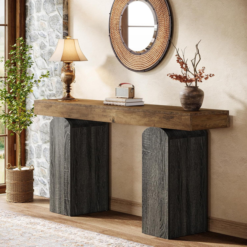 Tribesigns 63' Long Entryway Table, Farmhouse Console Table with 2 Arched Pedestal Legs, Wooden Sofa Console Behind The Couch for Entrance, Hallway, Living Room (Vintage Brown & Grey)