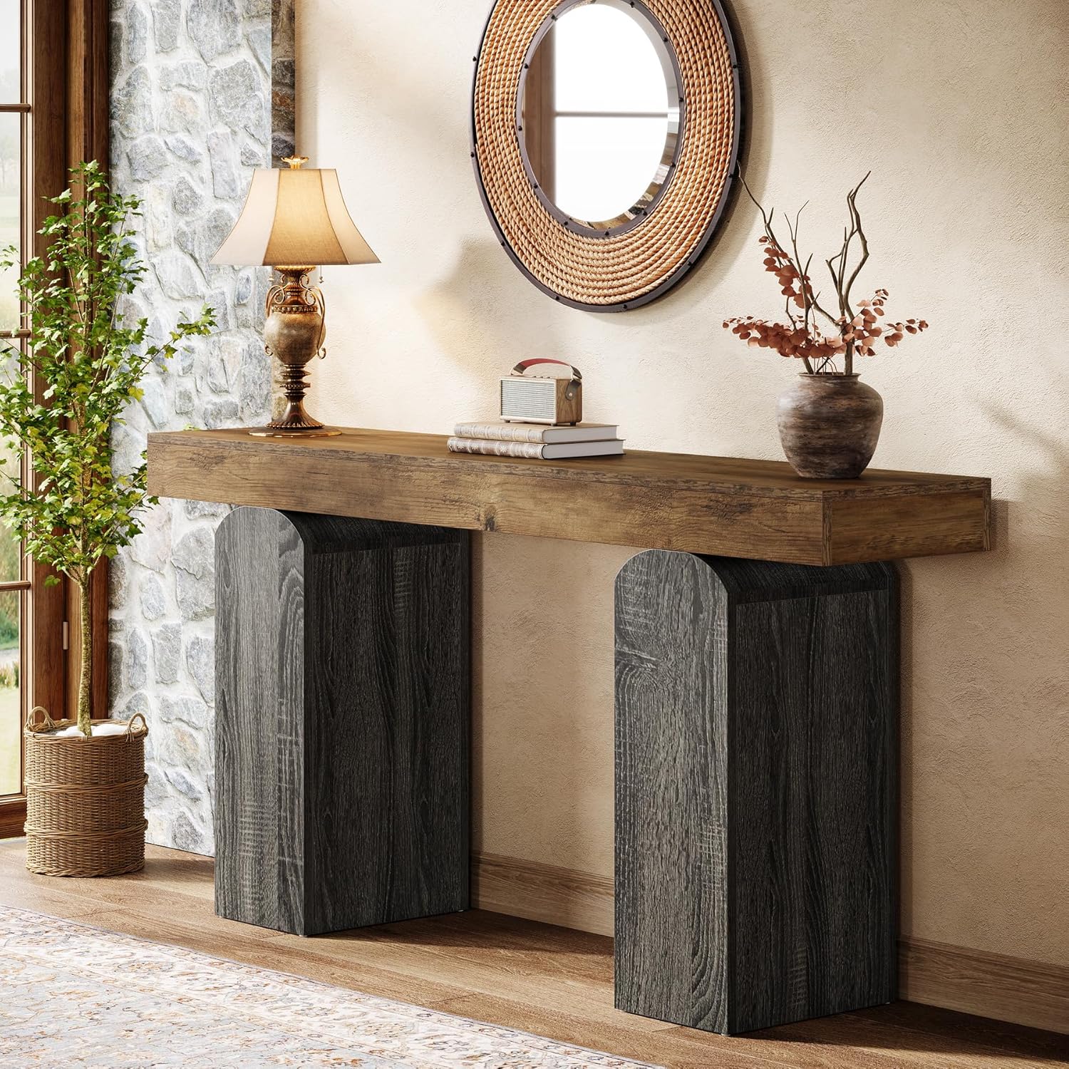 Tribesigns 63' Long Entryway Table, Farmhouse Console Table with 2 Arched Pedestal Legs, Wooden Sofa Console Behind The Couch for Entrance, Hallway, Living Room (Vintage Brown & Grey)