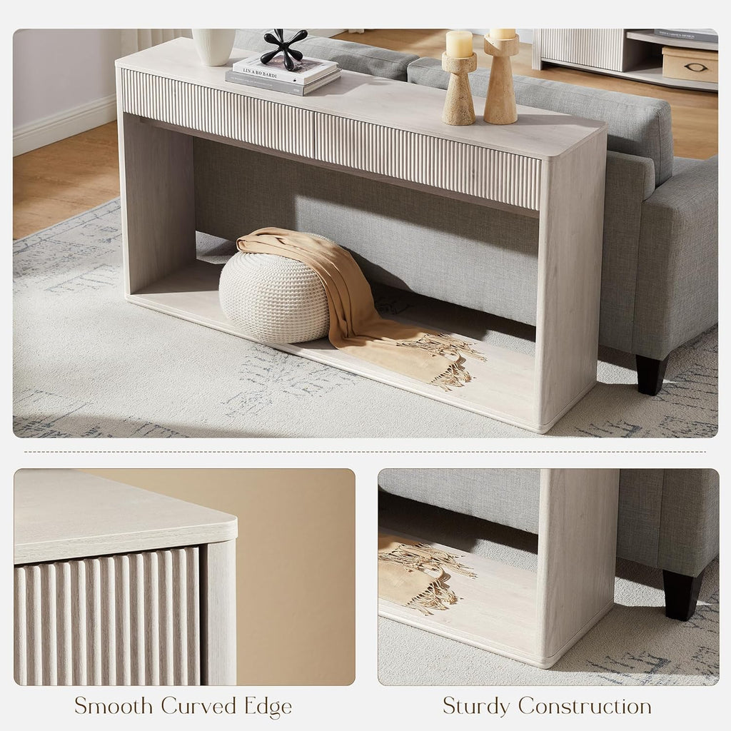OKD 63' Fluted Console Table for Entryway, Modern Entryway Table with 2 Large Drawers, Long Sofa Table Behind Couch for Living Room, Hallway, Couch, Foyer，Alder White