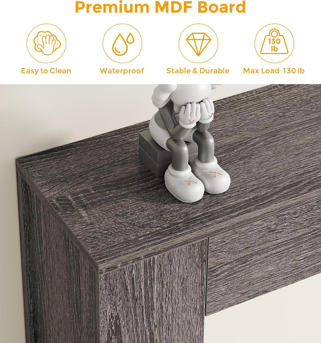 Farmhouse Console Table with LED Light and 2 Drawers, 55 inch Long Sofa Table Behind Couch, Narrow Entry Table for Entryway, Hallway, Entrance, Living Room (Gray)