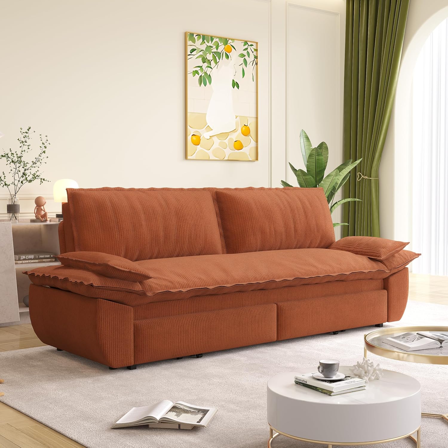 73.2' Sofa Bed Queen Size, Pull Out Couch Bed, 3-in-1 Convertible Sleeper Sofa with Cushion Armrest, Modern Corduroy Futon Couch for Living Room, Small Space, Apartment, Bedroom, Orange