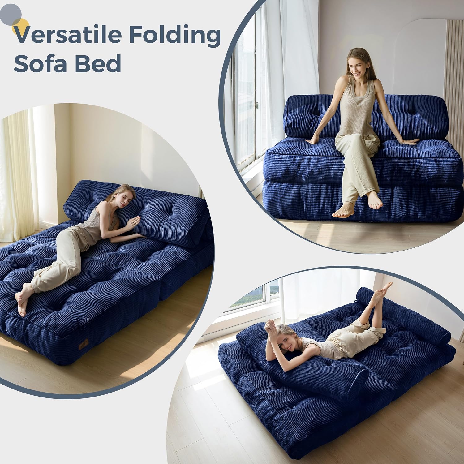 MAXYOYO Folding Sofa Bed, Convertible Sleeper Chair with Pillow Foldable Mattress with Back Support, Portable Fold Out Chair Bed Comfy Floor Sofa Lounge for Living Room Bedroom, Navy Double