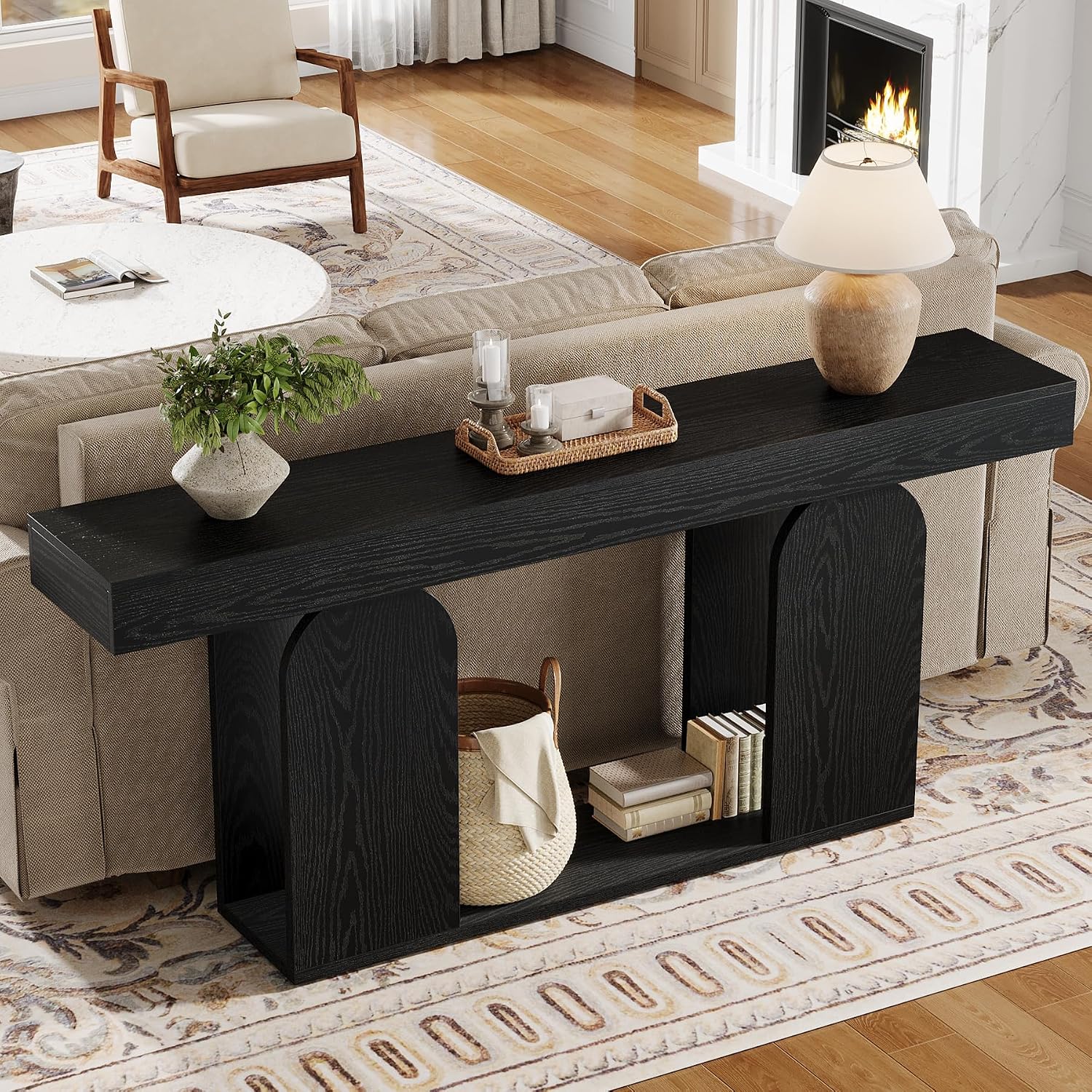 Tribesigns Farmhouse Wood Console Table, 70.9-Inch Entryway Accent Table with U-Shaped Base, 2-Tier Extra Long Sofa Tables for Entrance, Hallway, Living Room (Black)