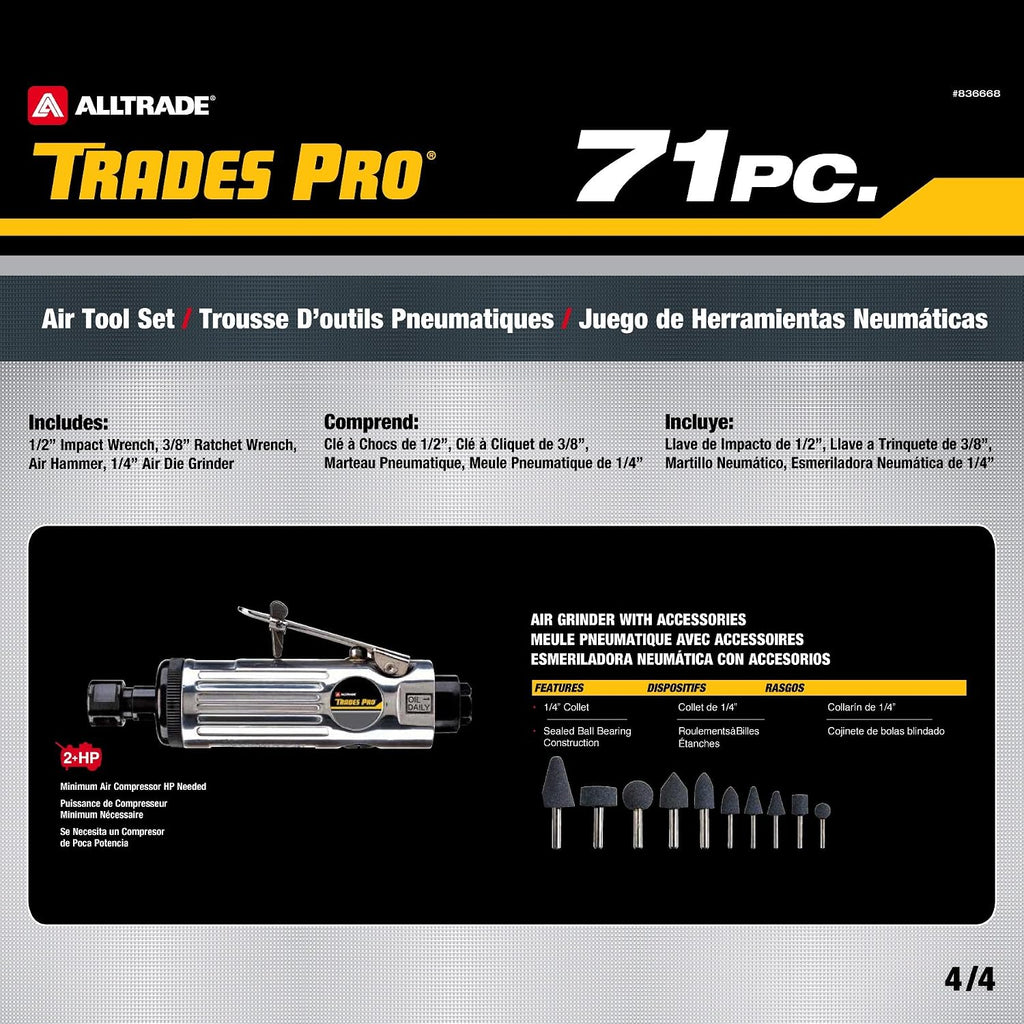 Trades Pro Air Tool and Accessories Kit, 71 Piece, Impact Wrench, Air Ratchet, Die Grinder, Aire Hammer, Hose Fittings, Storage Case - 836668
