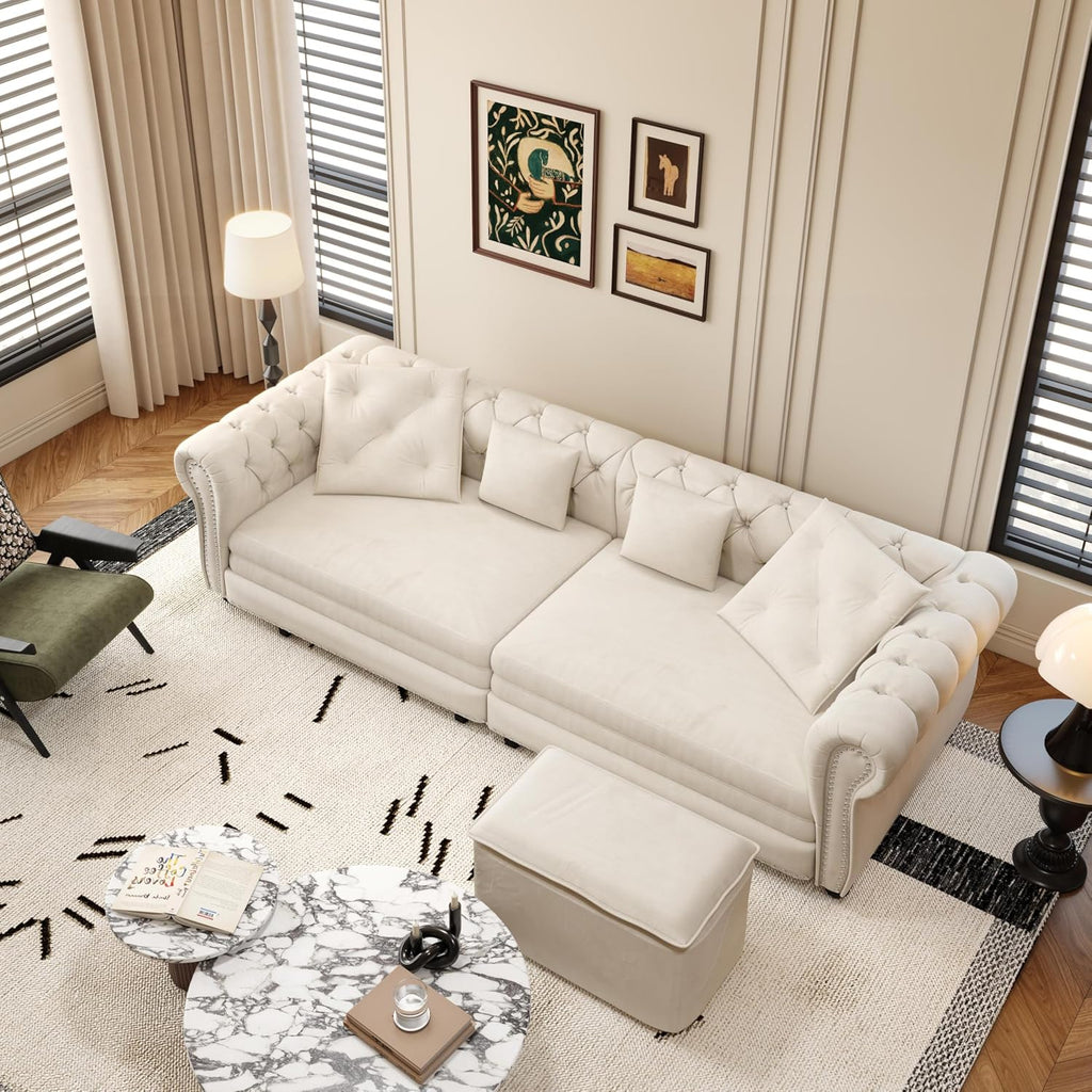 89'' Pull Out Sofa Bed King, Chesterfield Velvet Sleeper Sofa, Convertible L-Shaped Futon Couch, Tufted Back, 4 Pillows, Ottoman, Deep Seat Loveseat Couches for Living Room, Apartment, Beige