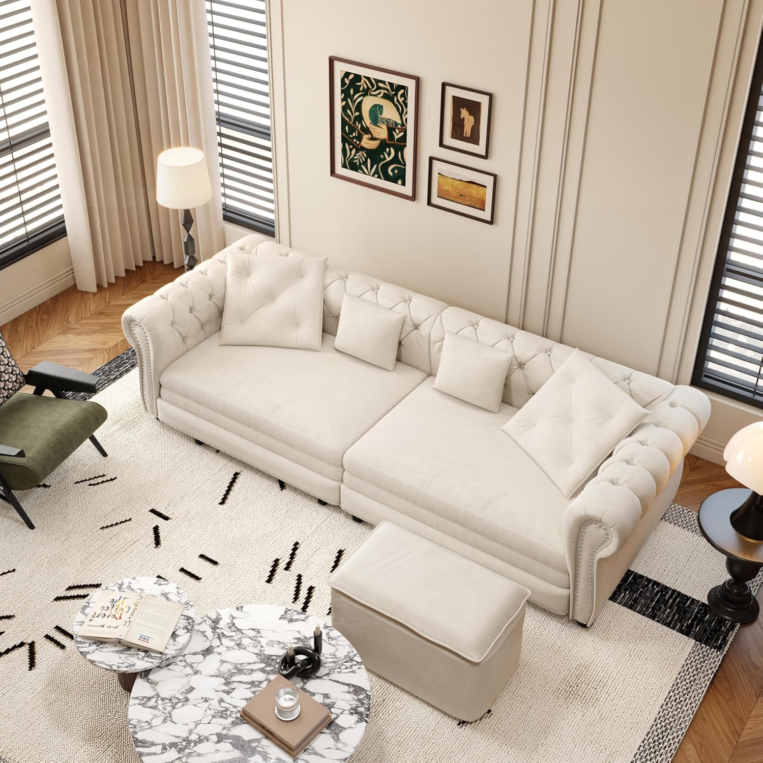 89'' Pull Out Sofa Bed King, Chesterfield Velvet Sleeper Sofa, Convertible L-Shaped Futon Couch, Tufted Back, 4 Pillows, Ottoman, Deep Seat Loveseat Couches for Living Room, Apartment, Beige