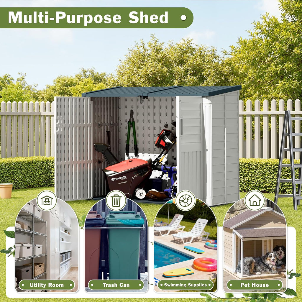 JUMMICO Resin Outdoor Storage Shed, 34 Cu Ft Horizontal Storage Cabinet for Trash Cans, Garden Tools, Pool Supplies (Beige)