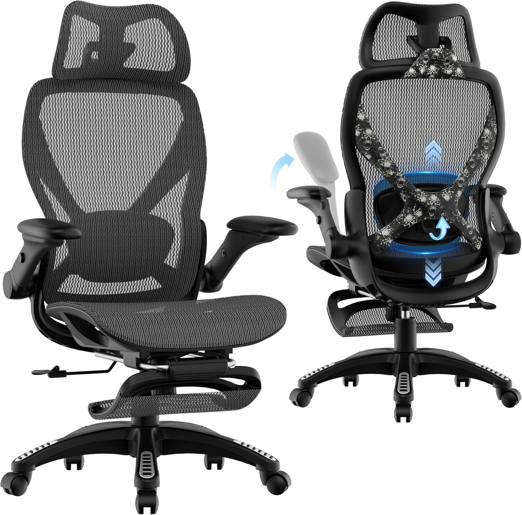 ELABEST X100 Ergonomic Mesh Office Chair with Footrest, Big and Tall Hone Desk Chair with 5D Flip-Up Arms, Adjustable 3D Lumbar Support,Gaming & Executive Computer Chairs (Night Reaper)